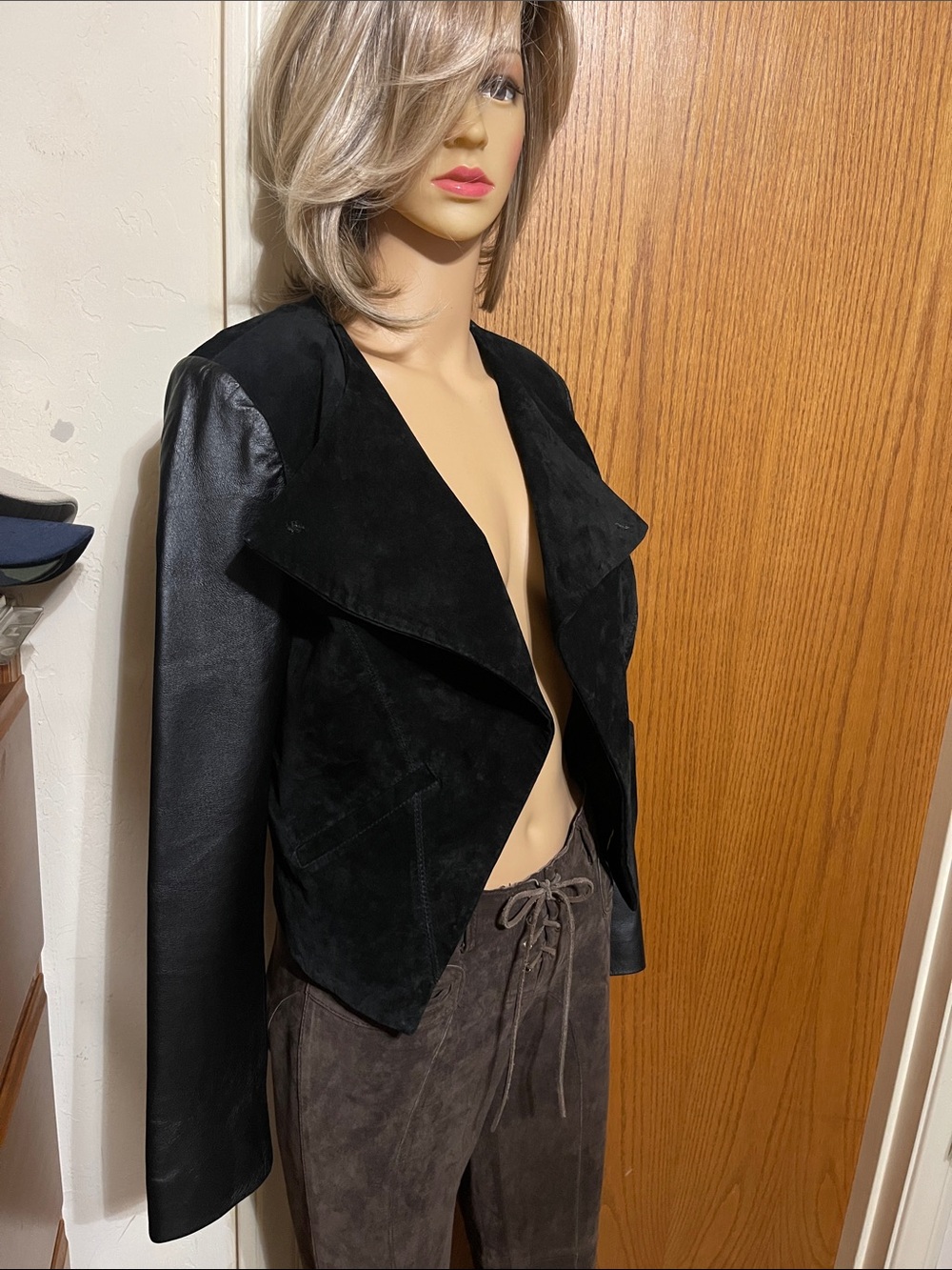 Bebe Cropped Black Suede & Leather Open-Front Jacket - Women